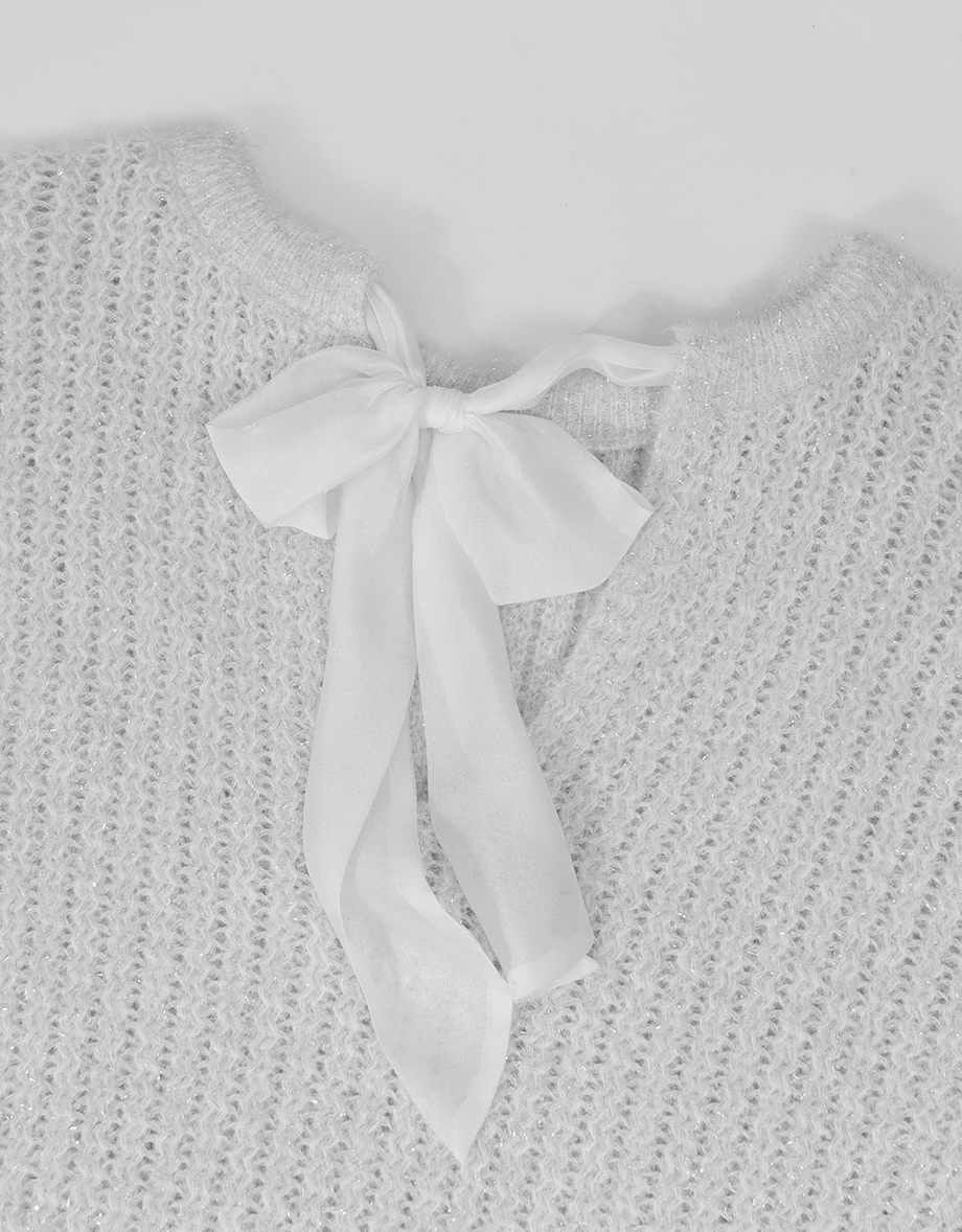 Fuzzy Knit Open Back Bow Tie Mini Dress