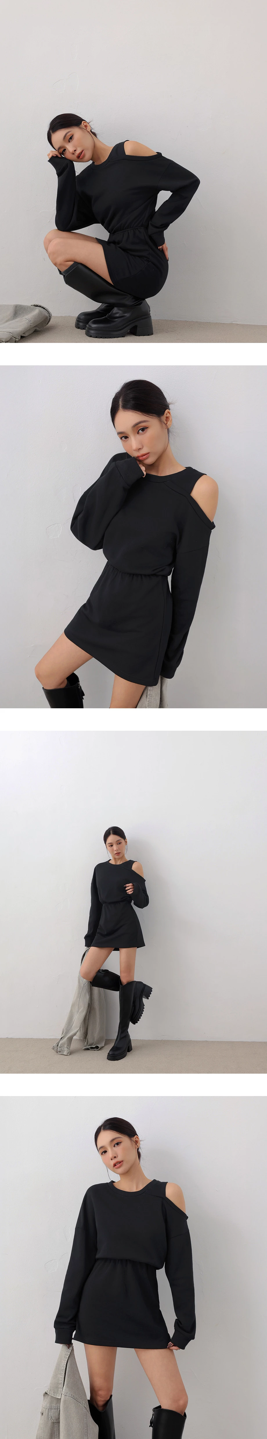 Asymmetric Shoulder Cut Out Cinched Waist Sweatshirt Mini Dress
