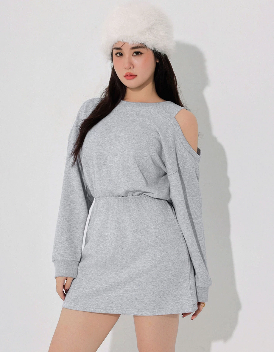 Asymmetric Shoulder Cut Out Cinched Waist Sweatshirt Mini Dress