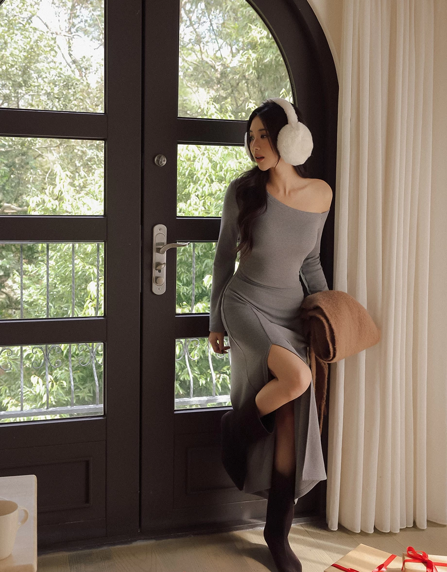 Bodycon One Shoulder Ribbed Knit Side Slit Padded Maxi Dress