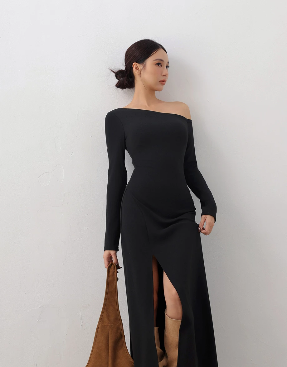 Bodycon One Shoulder Ribbed Knit Side Slit Padded Maxi Dress