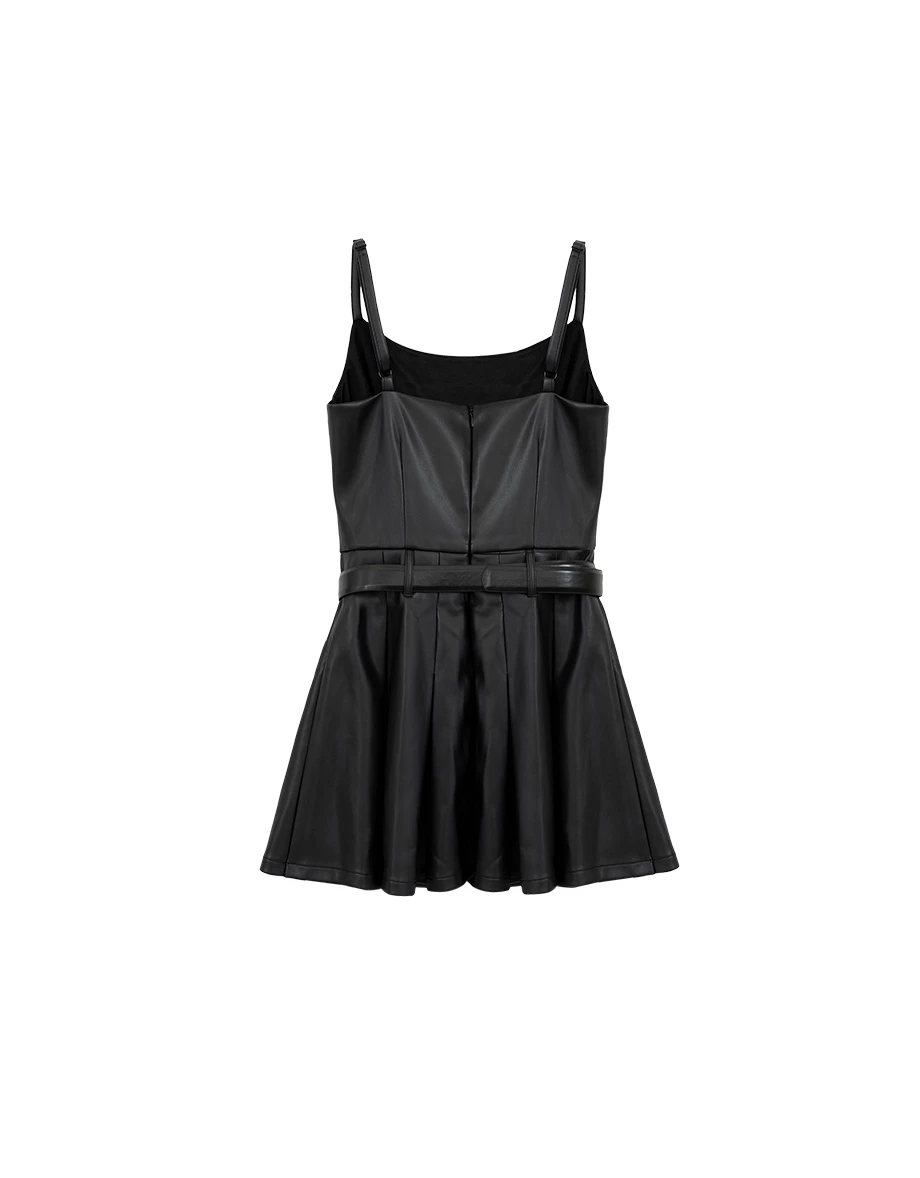 【Heat Tech】Sleeveless Faux Leather Belted Pleated Mini Dress
