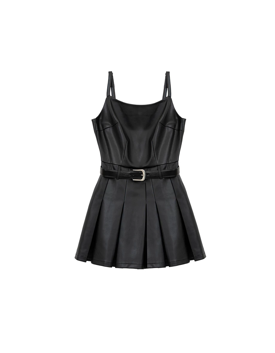 【Heat Tech】Sleeveless Faux Leather Belted Pleated Mini Dress