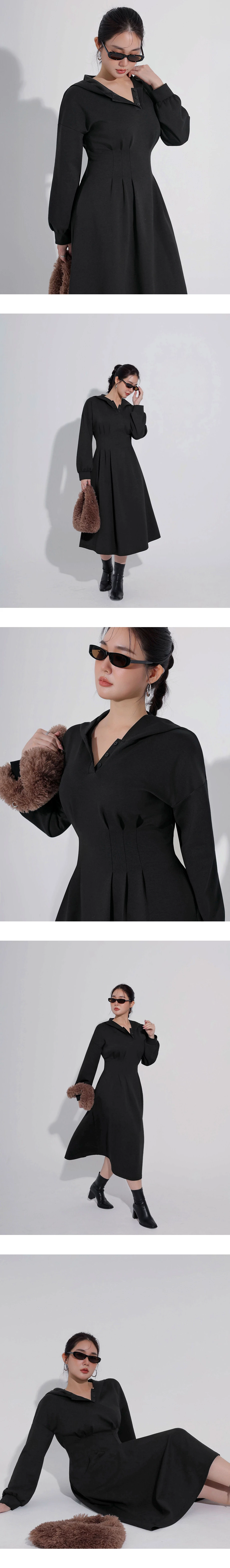 Button Neck Long Sleeve Hooded Pleated Maxi Dress