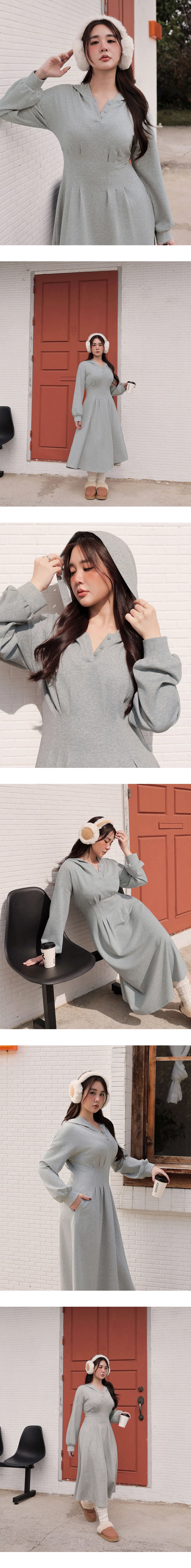 Button Neck Long Sleeve Hooded Pleated Maxi Dress