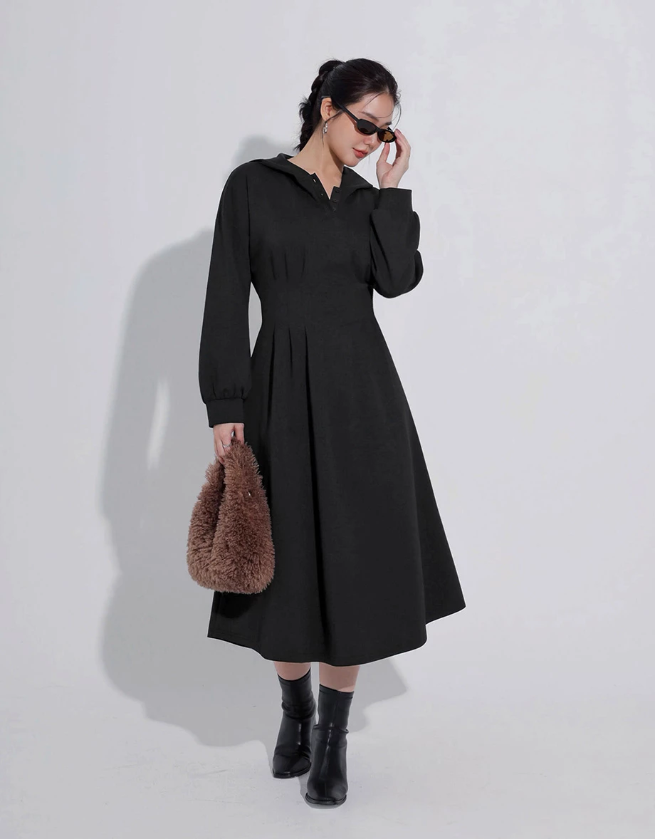 Button Neck Long Sleeve Hooded Pleated Maxi Dress