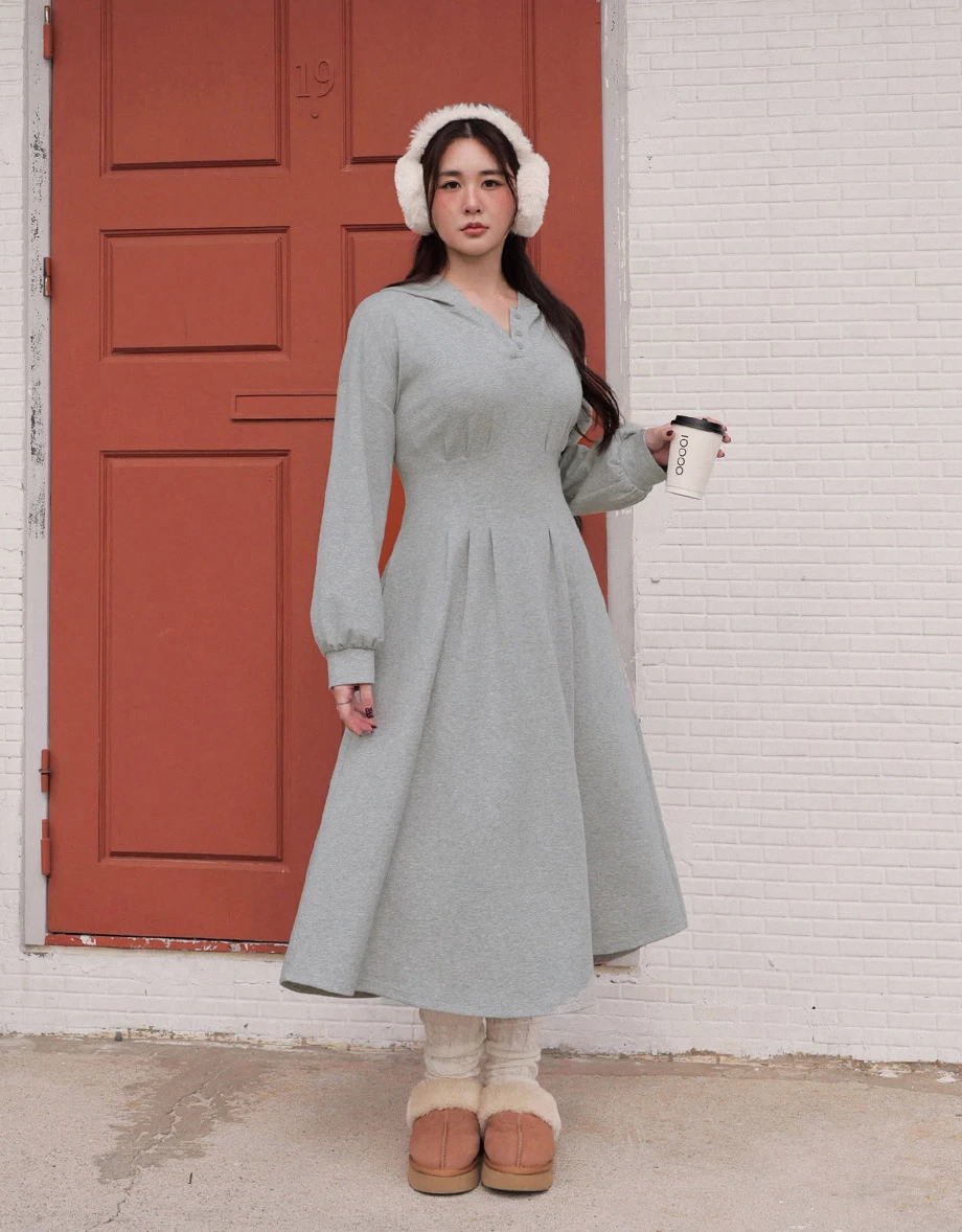 Button Neck Long Sleeve Hooded Pleated Maxi Dress