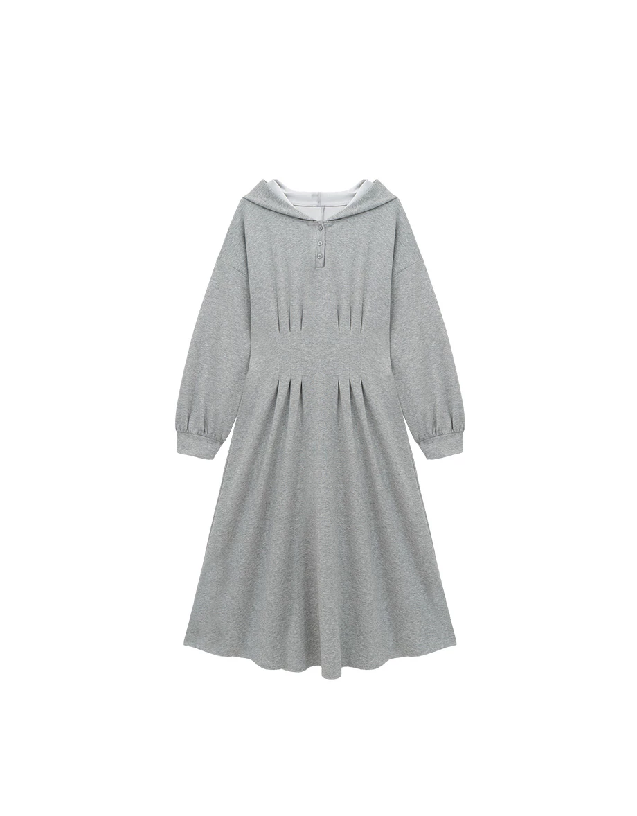 Button Neck Long Sleeve Hooded Pleated Maxi Dress