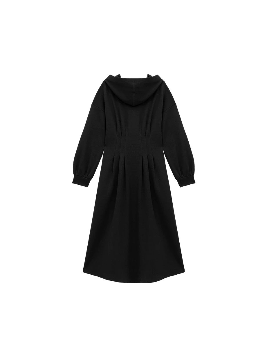 Button Neck Long Sleeve Hooded Pleated Maxi Dress