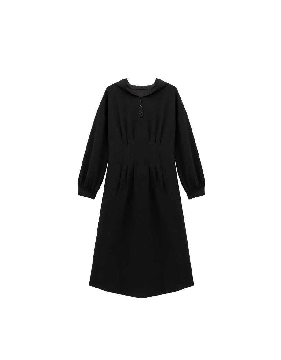 Button Neck Long Sleeve Hooded Pleated Maxi Dress