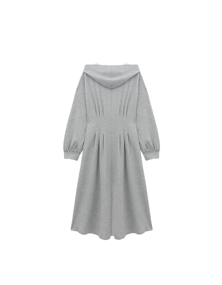 Button Neck Long Sleeve Hooded Pleated Maxi Dress