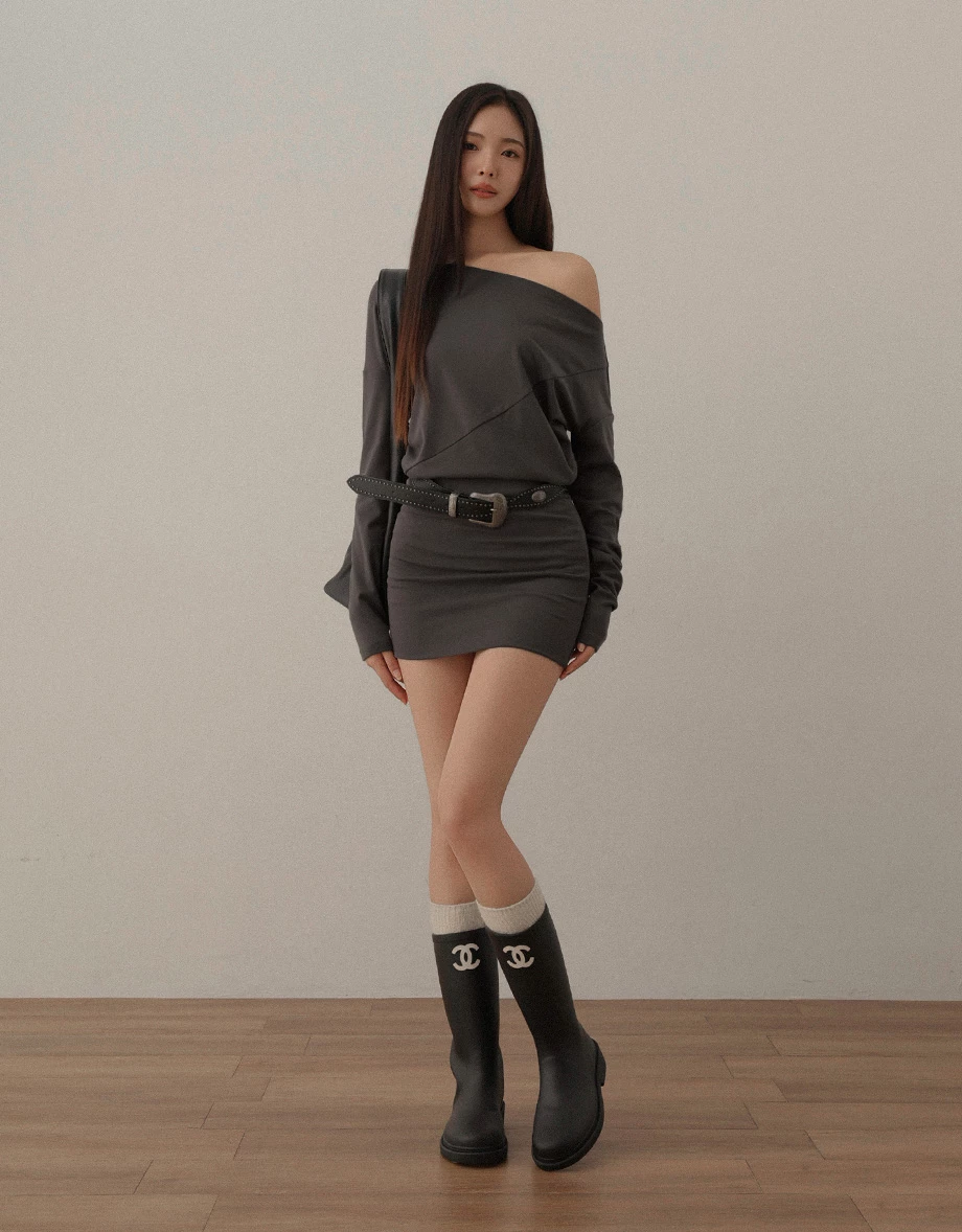 Asymmetric Neck Ruched Low Waist Mini Dress Asymmetric Neck Ruched Low Waist Mini Dress