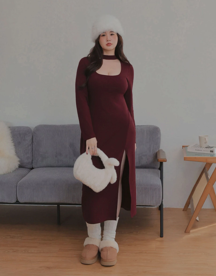 【Heat Tech】Cut Out Choker Scoop Neck Long Sleeve Side Slit Padded Maxi Dress 【Heat Tech】Cut Out Choker Scoop Neck Long Sleeve Side Slit Padded Maxi Dress
