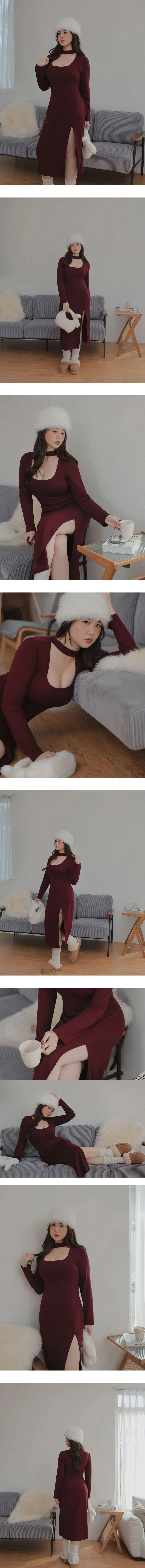 【Heat Tech】Cut Out Choker Scoop Neck Long Sleeve Side Slit Padded Maxi Dress