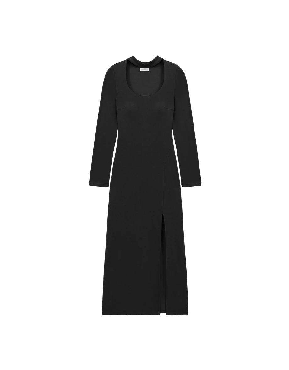 【Heat Tech】Cut Out Choker Scoop Neck Long Sleeve Side Slit Padded Maxi Dress