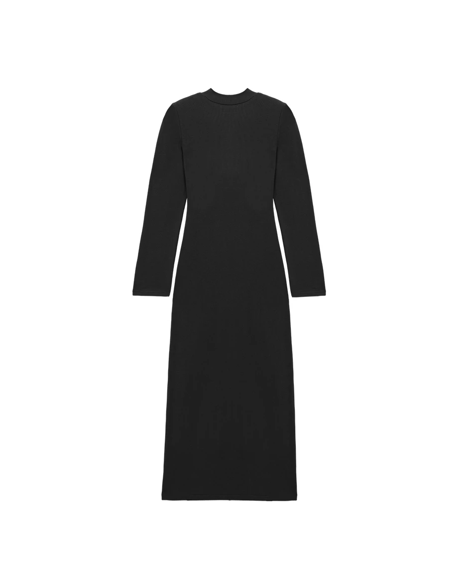 【Heat Tech】Cut Out Choker Scoop Neck Long Sleeve Side Slit Padded Maxi Dress