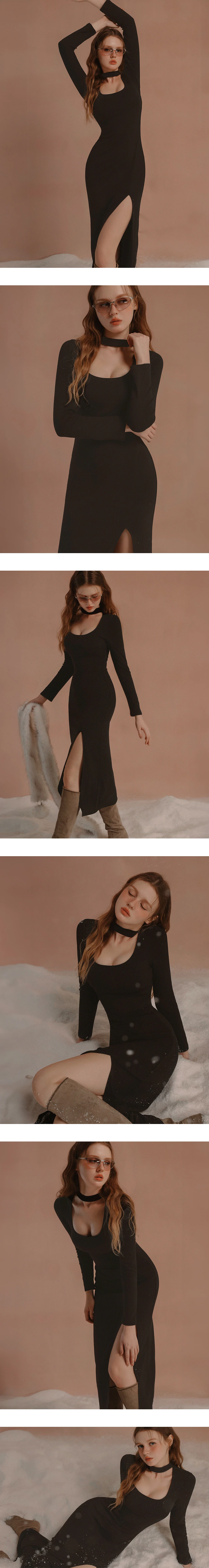 【Heat Tech】Cut Out Choker Scoop Neck Long Sleeve Side Slit Padded Maxi Dress