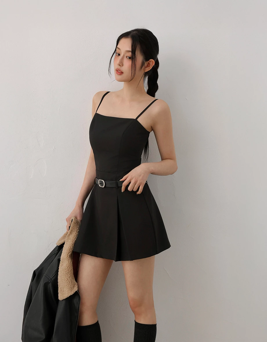 Adjustable Spaghetti Strap Pleated Padded Cami Mini Dress with Belt (Solid/Polka Dot)