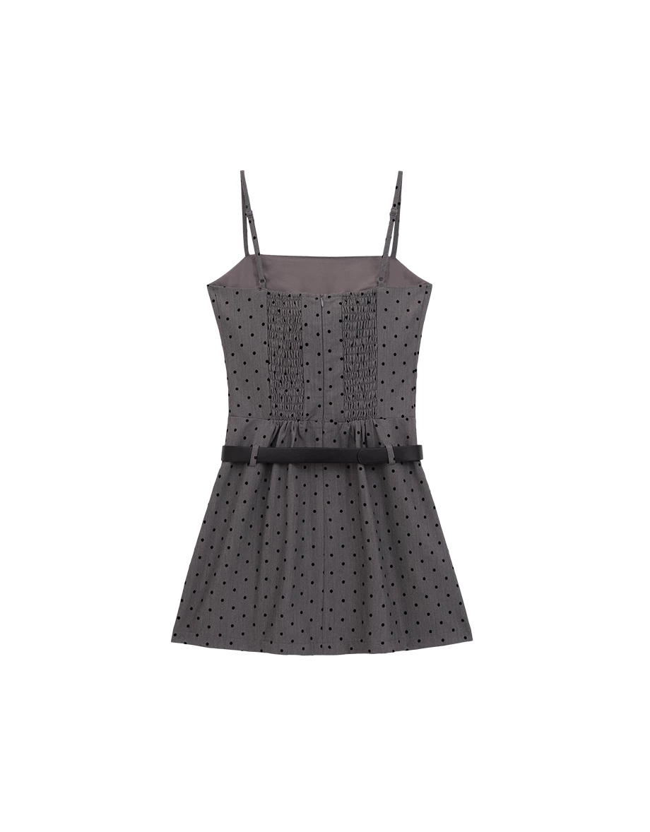 Adjustable Spaghetti Strap Pleated Padded Cami Mini Dress with Belt (Solid/Polka Dot)