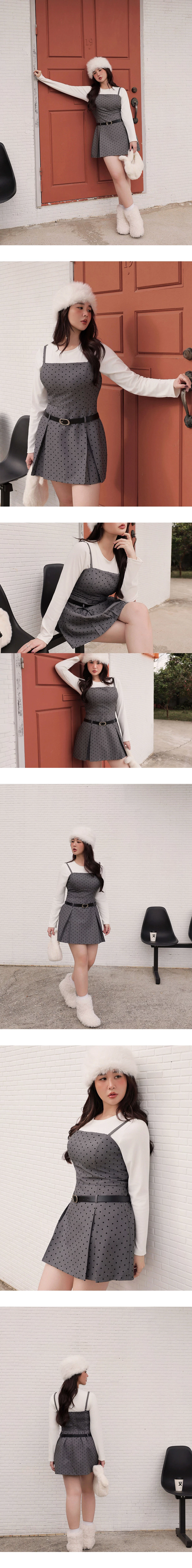 Adjustable Spaghetti Strap Pleated Padded Cami Mini Dress with Belt (Solid/Polka Dot)