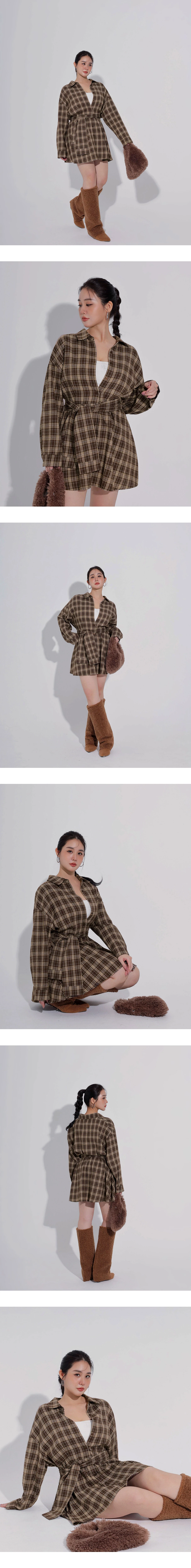 Vintage Plaid Button Down Tie Waist Shirt Mini Dress