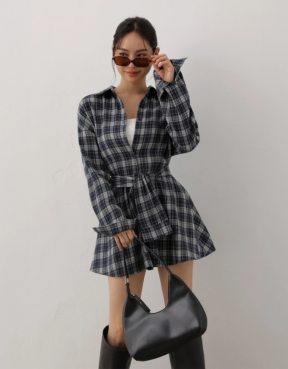 Vintage Plaid Button Down Tie Waist Shirt Mini Dress