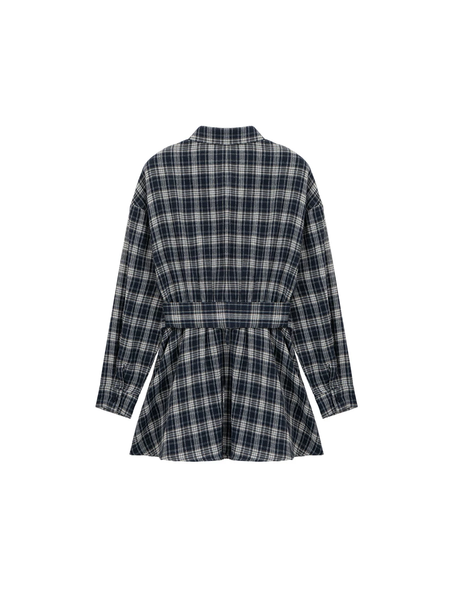Vintage Plaid Button Down Tie Waist Shirt Mini Dress