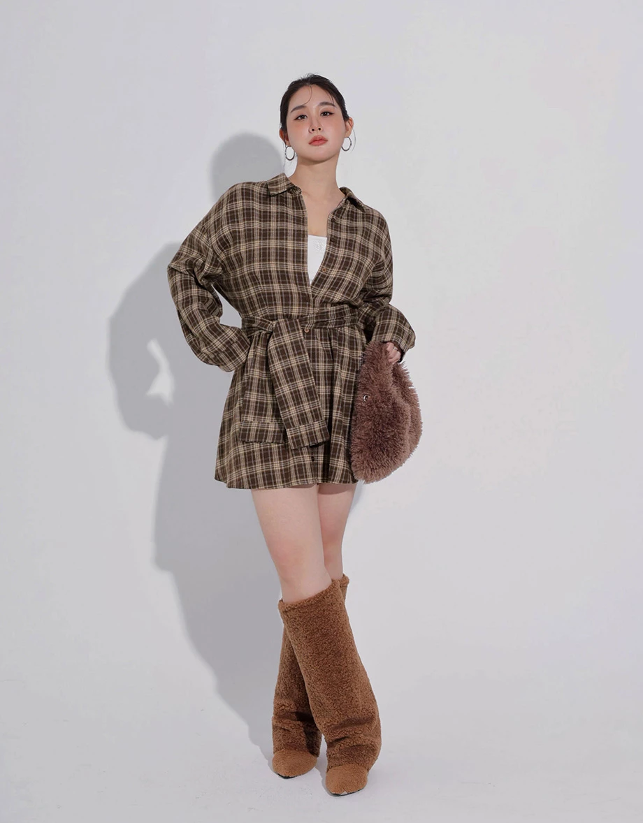 Vintage Plaid Button Down Tie Waist Shirt Mini Dress
