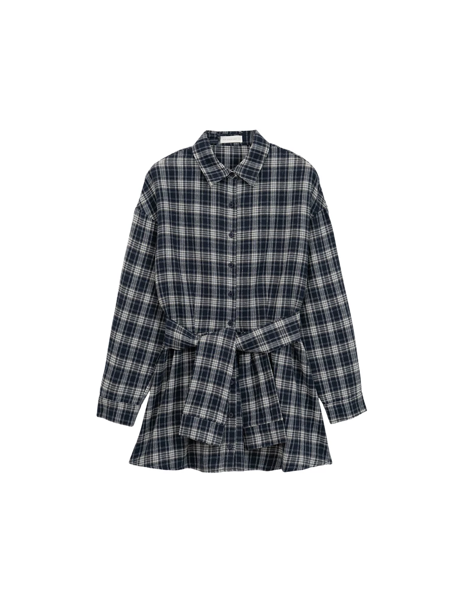 Vintage Plaid Button Down Tie Waist Shirt Mini Dress