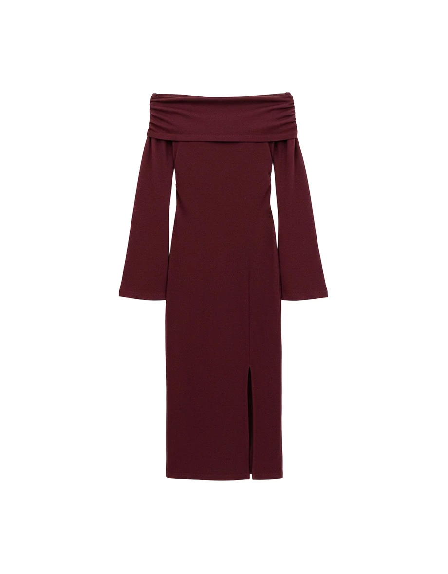 Off Shoulder Foldover Neck Side Slit Bodycon Padded Maxi Dress