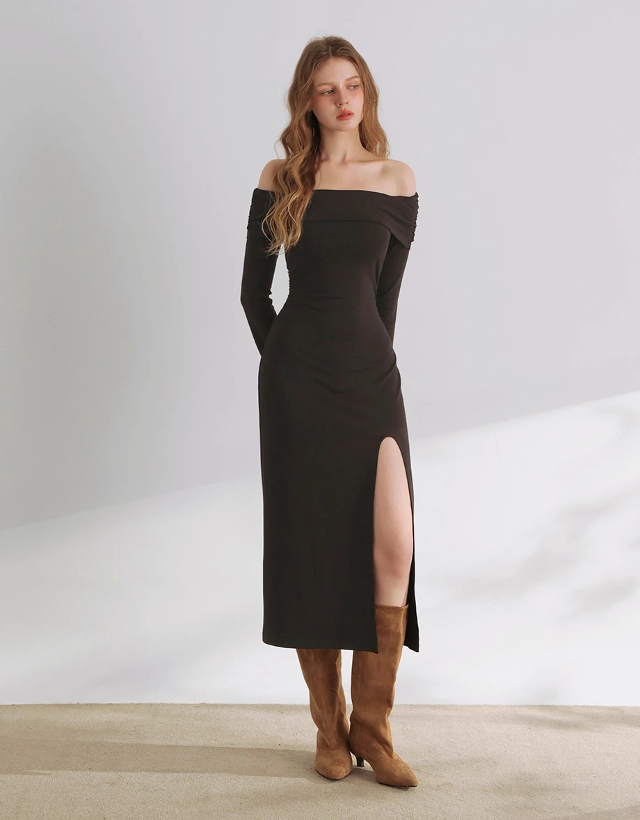 Off Shoulder Foldover Neck Side Slit Bodycon Padded Maxi Dress