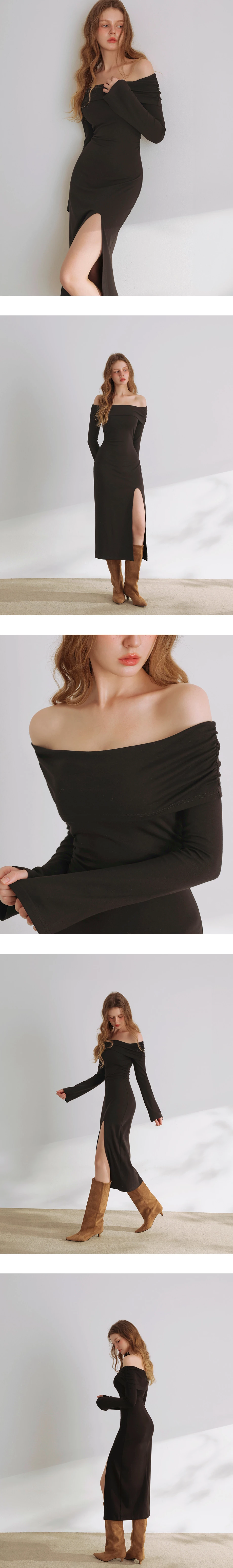 Off Shoulder Foldover Neck Side Slit Bodycon Padded Maxi Dress