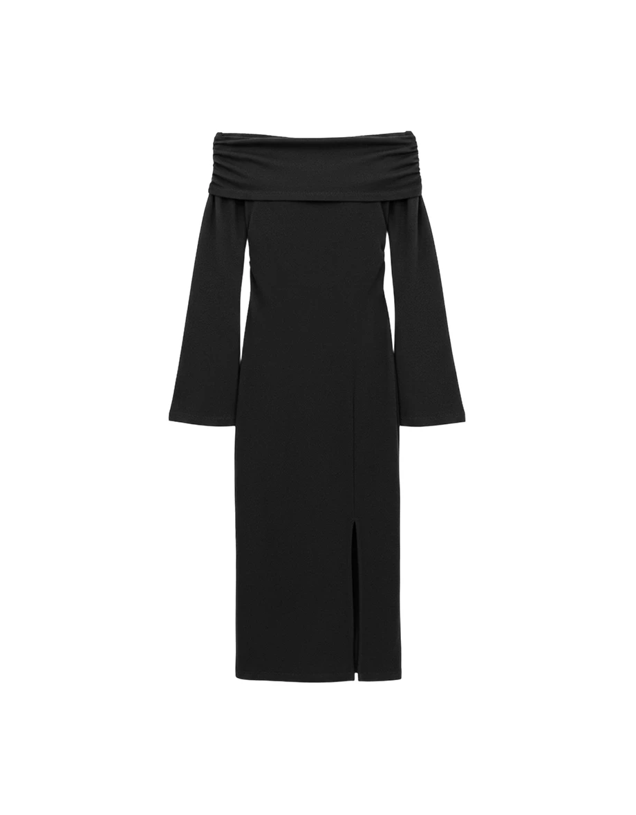 Off Shoulder Foldover Neck Side Slit Bodycon Padded Maxi Dress