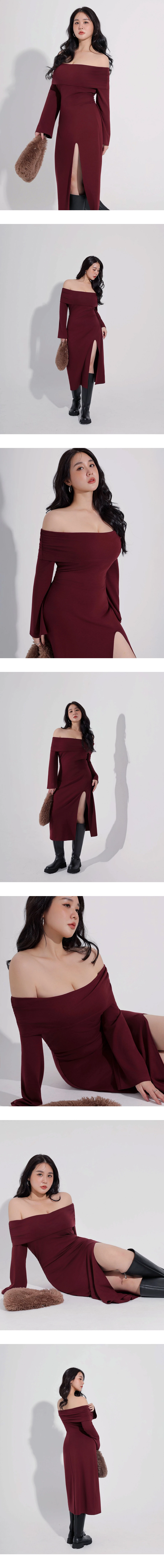 Off Shoulder Foldover Neck Side Slit Bodycon Padded Maxi Dress