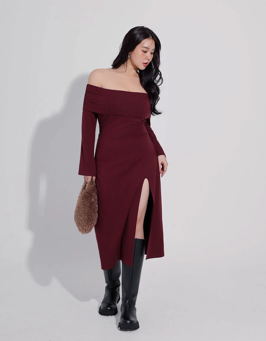 Off Shoulder Foldover Neck Side Slit Bodycon Padded Maxi Dress