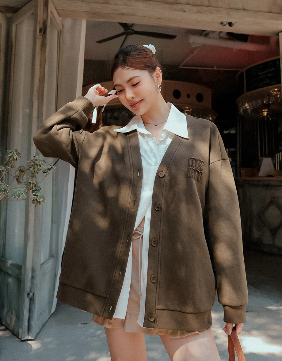 Oversized Fleece Cardigan Jacket with AIR SPACE Logo Embroidery