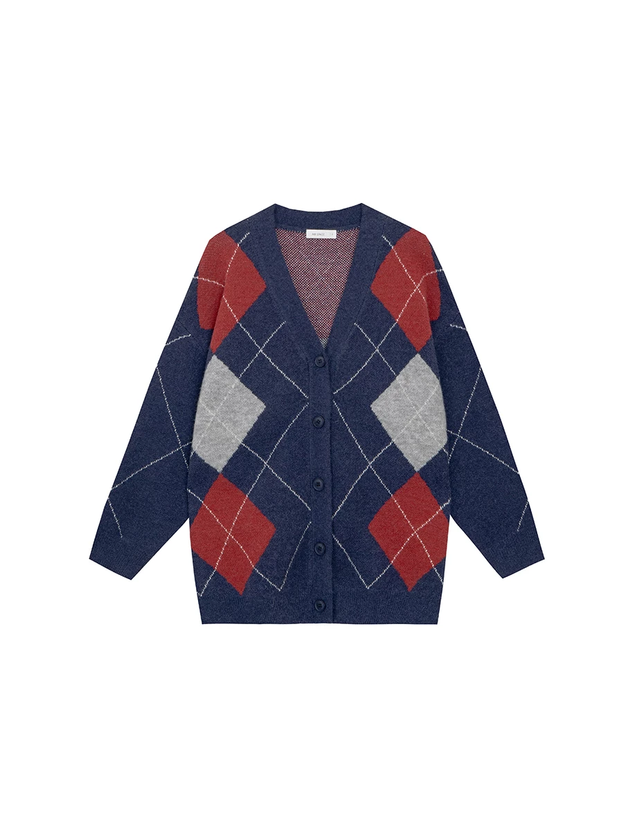 V Neck Oversized Argyle Knit Button Down Cardigan