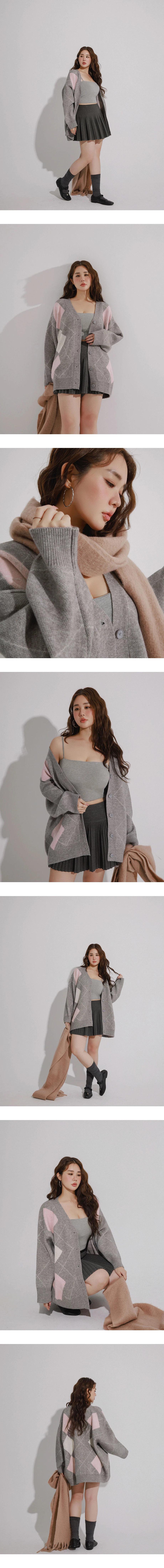 V Neck Oversized Argyle Knit Button Down Cardigan