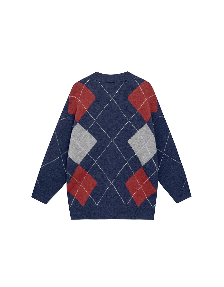 V Neck Oversized Argyle Knit Button Down Cardigan