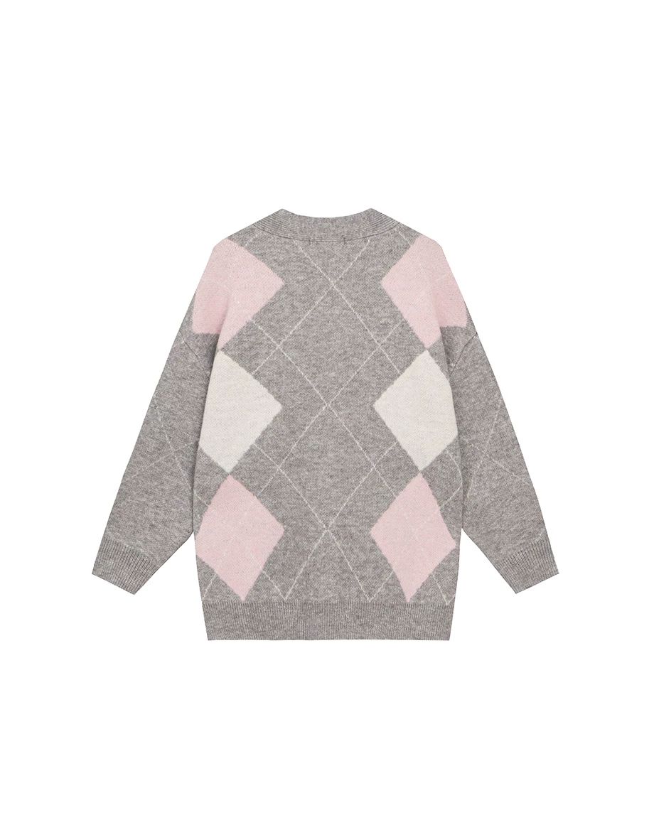 V Neck Oversized Argyle Knit Button Down Cardigan