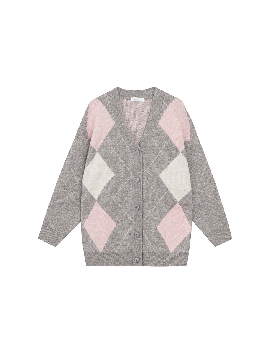 V Neck Oversized Argyle Knit Button Down Cardigan