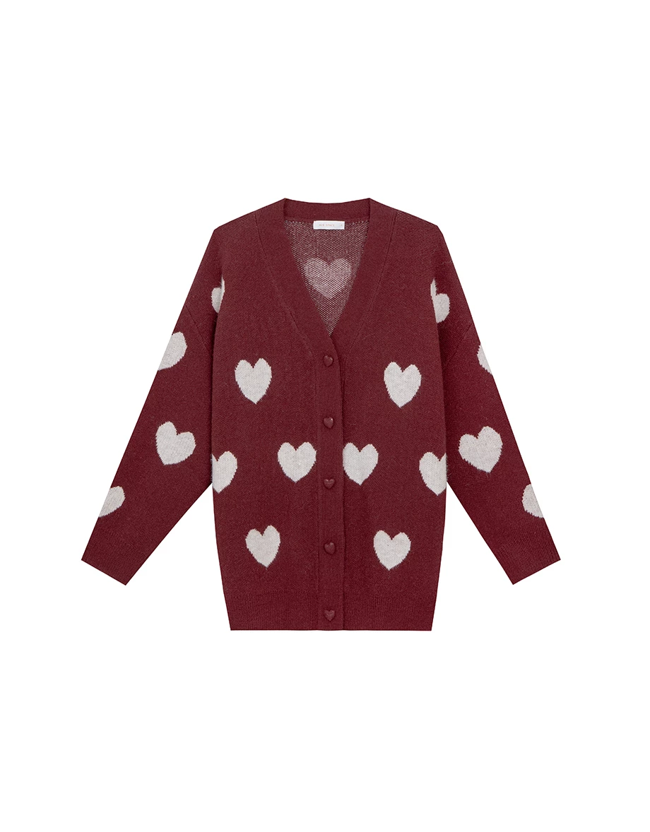 V Neck Long Sleeve Heart Printed Knit Cardigan Sweater