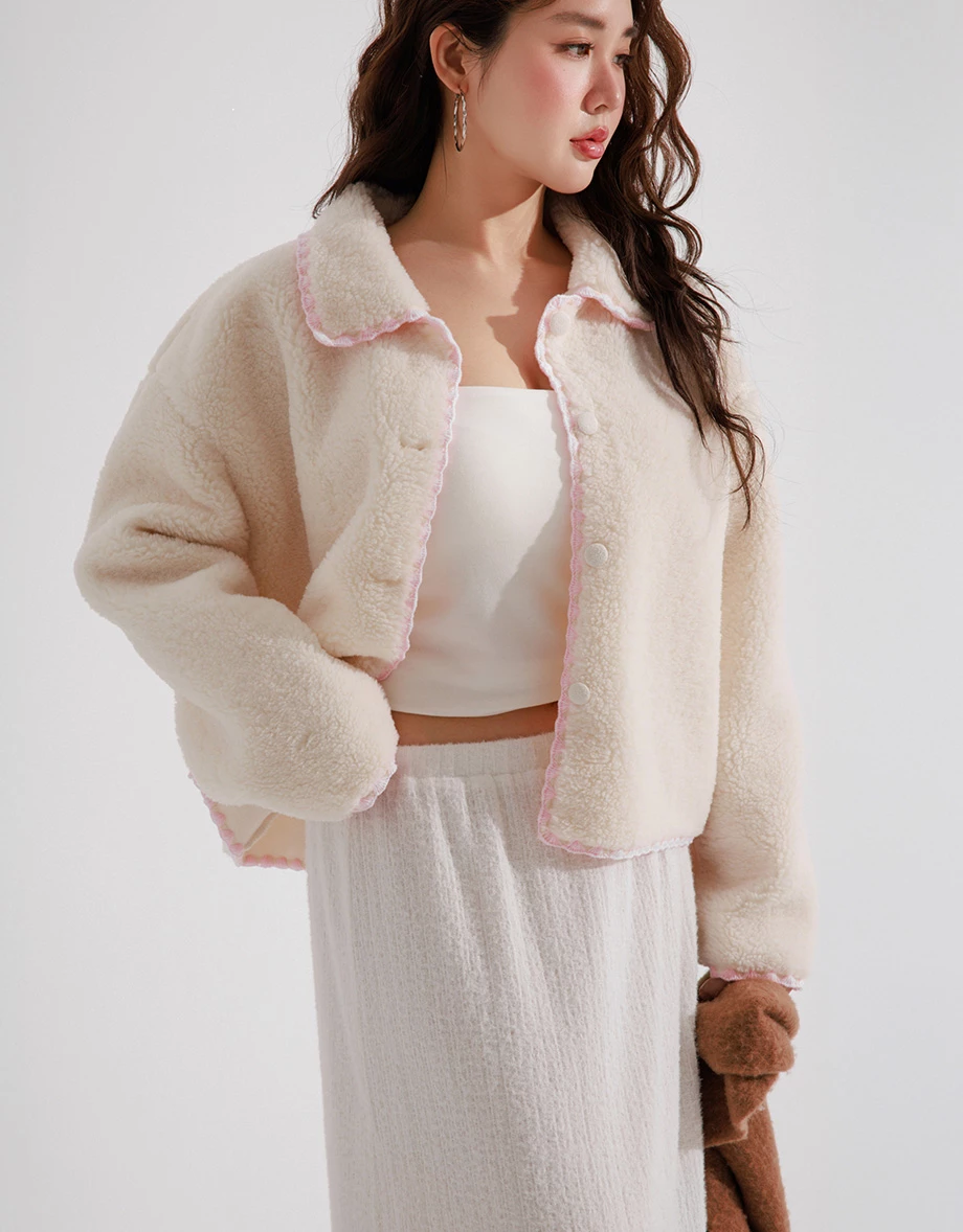 Contrast Trim Button Down Fluffy Crop Jacket Contrast Trim Button Down Fluffy Crop Jacket