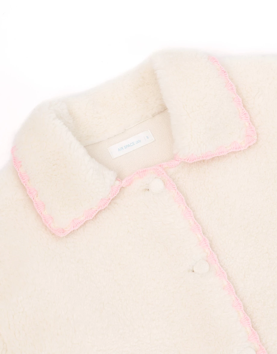 Contrast Trim Button Down Fluffy Crop Jacket