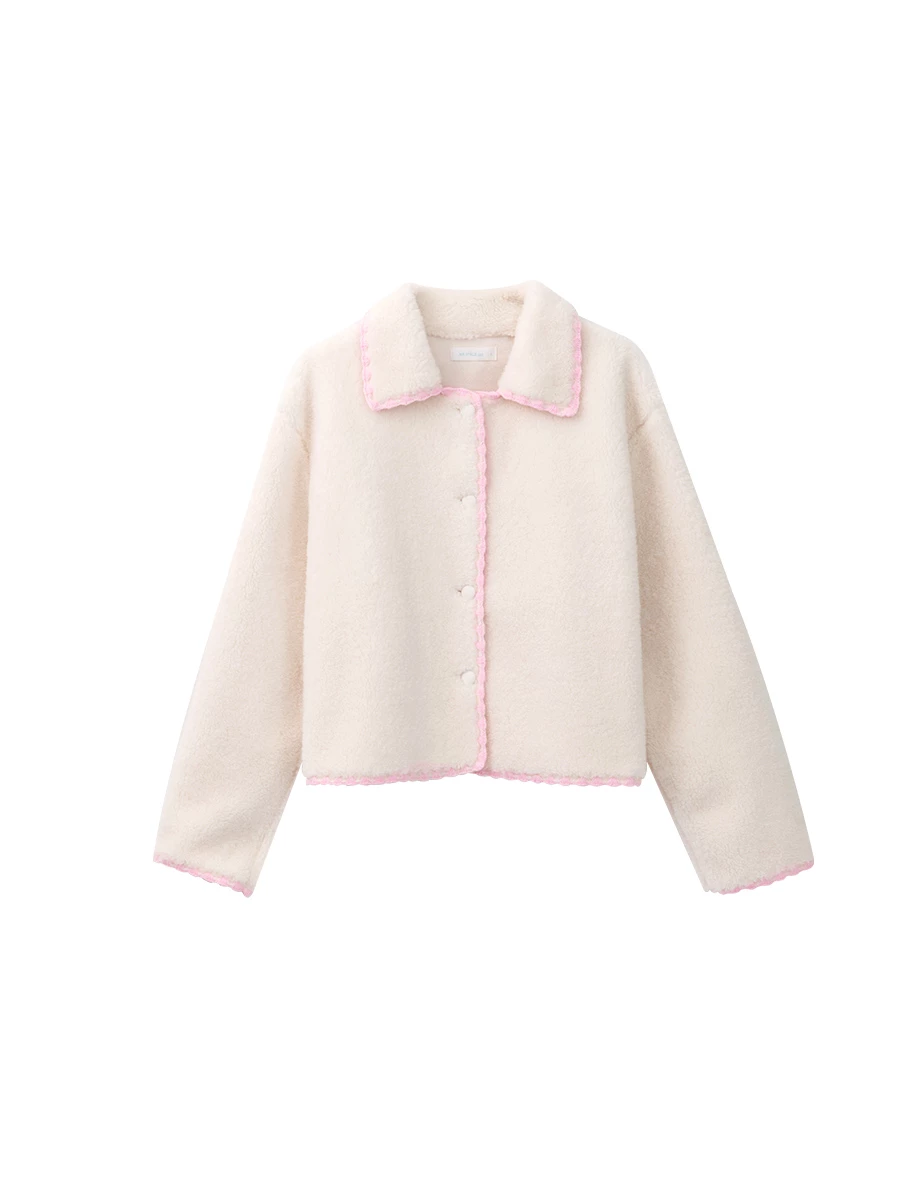 Contrast Trim Button Down Fluffy Crop Jacket