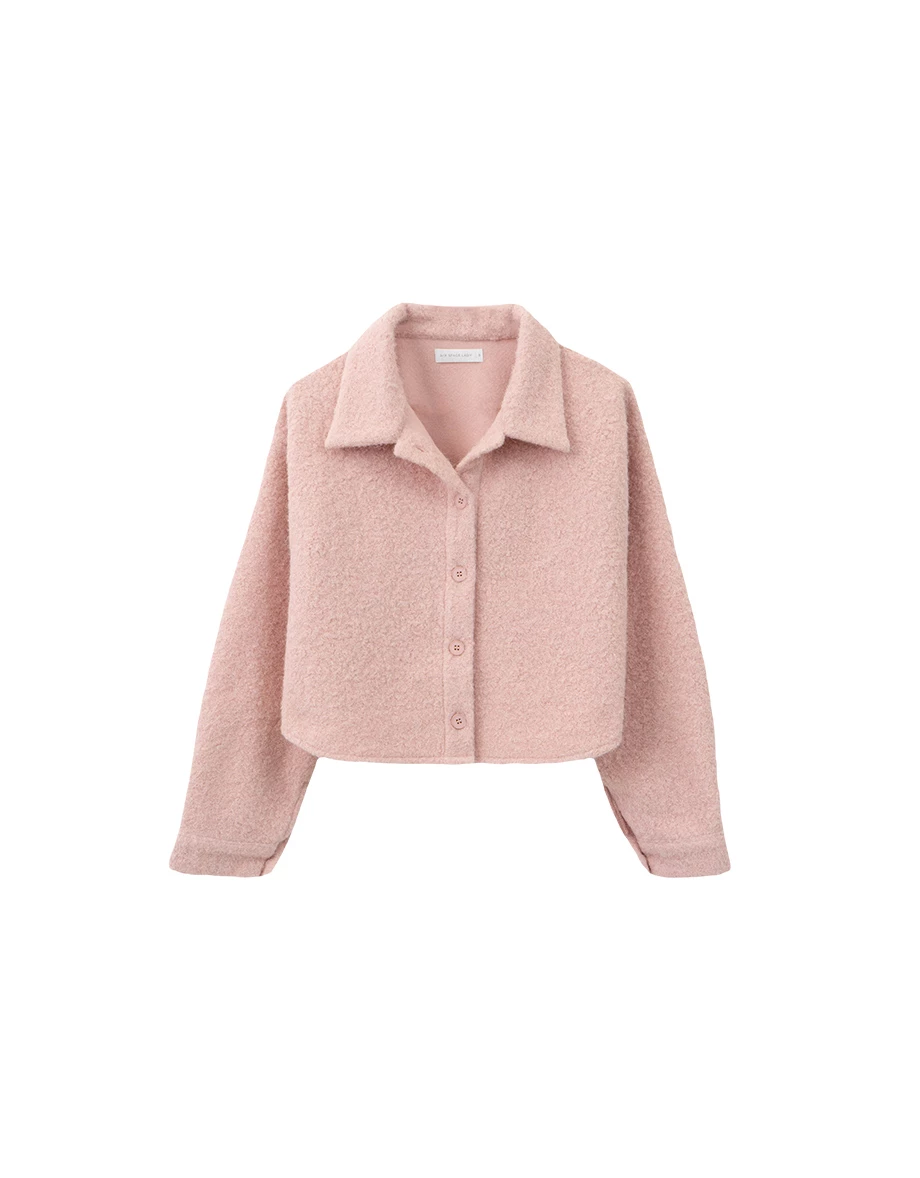 Soft Fuzzy Cropped Button Up Jacket with Classic Collar Design Soft Fuzzy Cropped Button Up Jacket with Classic Collar Design