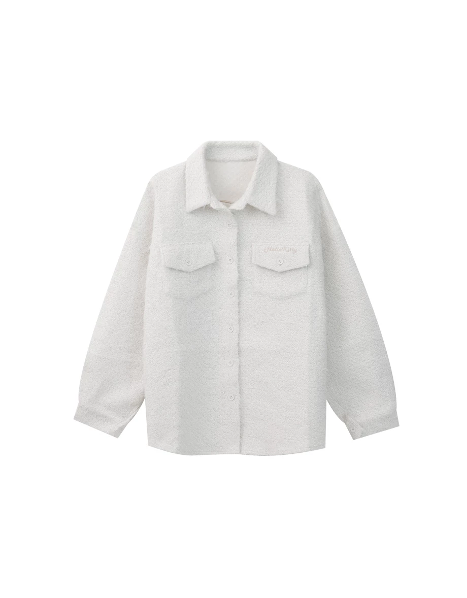 【Hello Kitty Collaboration】Fluffy Oversized Button Down Jacket with Back Kitty Graphic