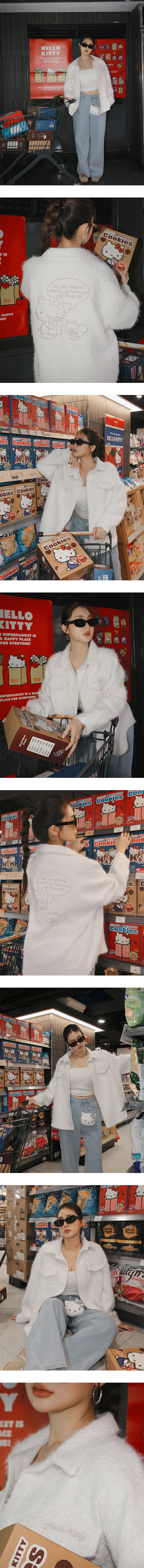 【Hello Kitty Collaboration】Fluffy Oversized Button Down Jacket with Back Kitty Graphic 【Hello Kitty Collaboration】Fluffy Oversized Button Down Jacket with Back Kitty Graphic