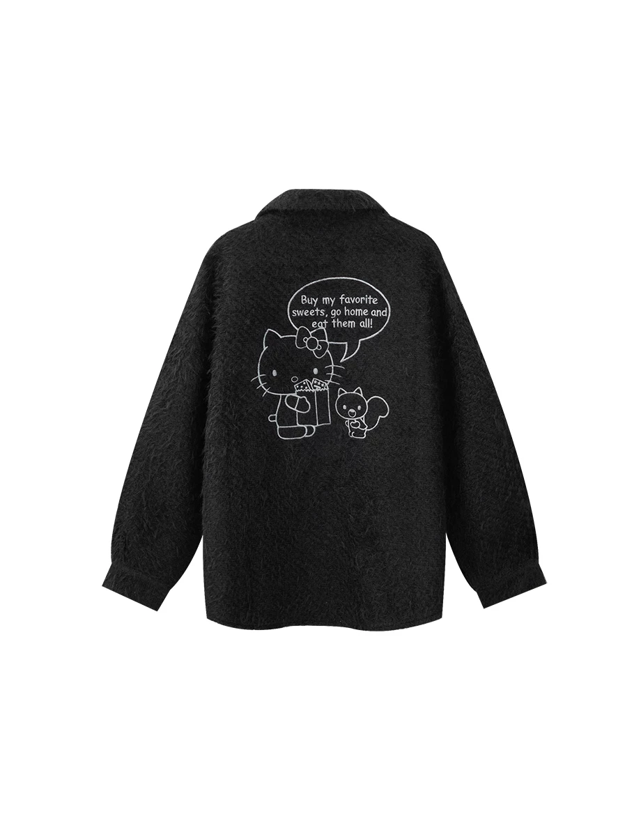 【Hello Kitty Collaboration】Fluffy Oversized Button Down Jacket with Back Kitty Graphic 【Hello Kitty Collaboration】Fluffy Oversized Button Down Jacket with Back Kitty Graphic