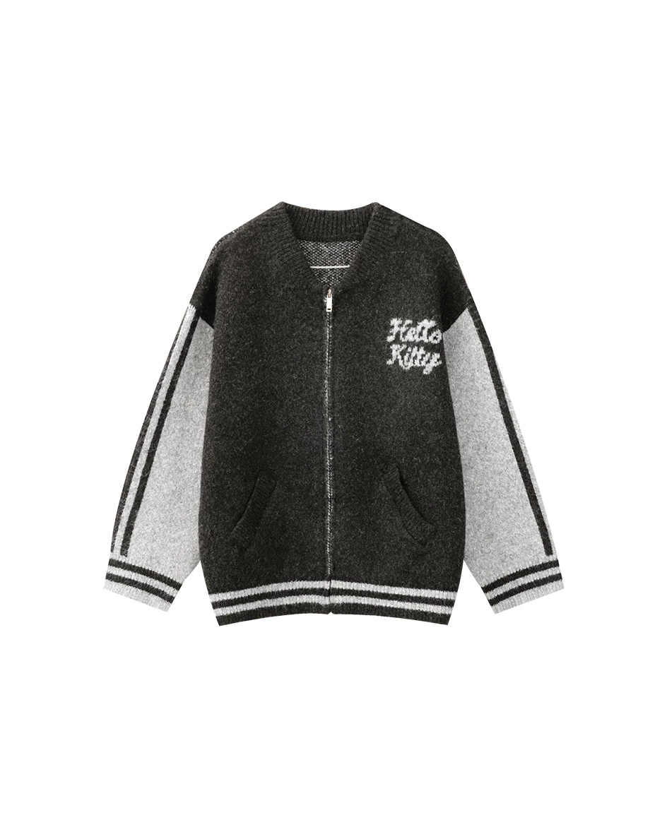 【Hello Kitty Collaboration】【Hello Kitty Collaboration】Fluffy Contrast Sleeve Knit Zip Up Jacket 【Hello Kitty Collaboration】【Hello Kitty Collaboration】Fluffy Contrast Sleeve Knit Zip Up Jacket